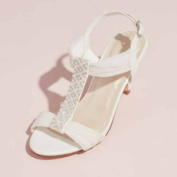 David's Bridal Pearl and Crystal T-strap Mid-heels Women's Size 7 1/2 In Box - Picture 2 of 14